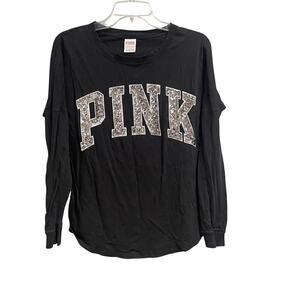 PINK Victorias Secret Black Long Sleeve Sequin Campus Tee XS Oversize College
